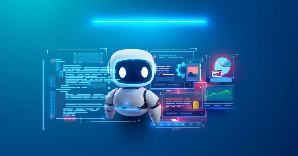 A futuristic robot interacting with a digital data