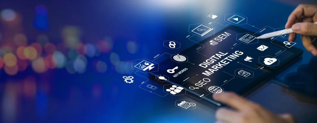 Digital marketing icons on a tablet