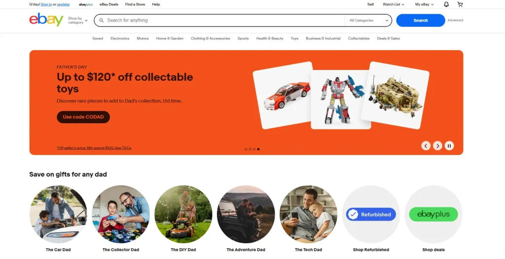 Homepage of eBay